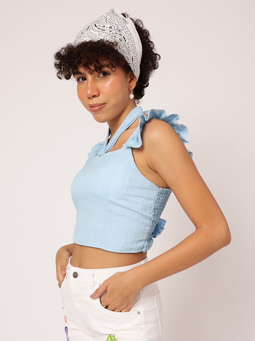 DressBerry Ocean Oasis Flirty Tie-up Smocked Padded Crop Top