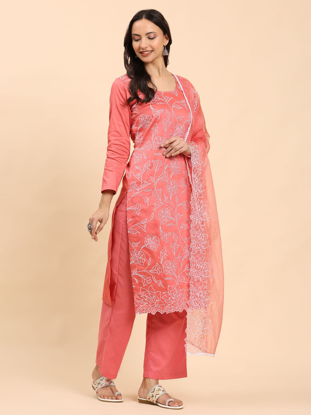 Mamicha Women Embroidered Regular Pure Cotton Kurta with Palazzos & With Dupatta
