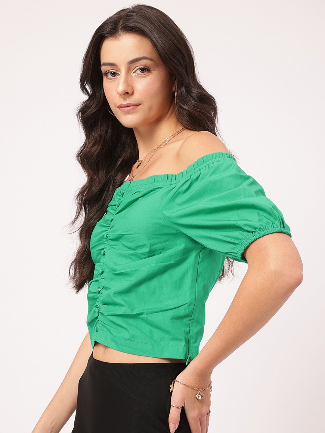 DressBerry Edgy Existence Ruched Bardot Crop Top