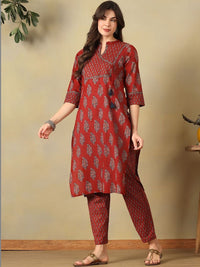 Mamicha Women Ethnic Motifs Printed Angrakha Mirror Work Pure Cotton Kurta with Trousers & With Dupatta