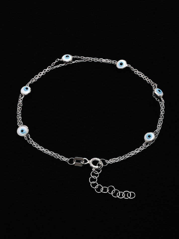 PANASH 925 Sterling Silver Rhodium-Plated Stone Studded Evil Eyes Multistrand Bracelet