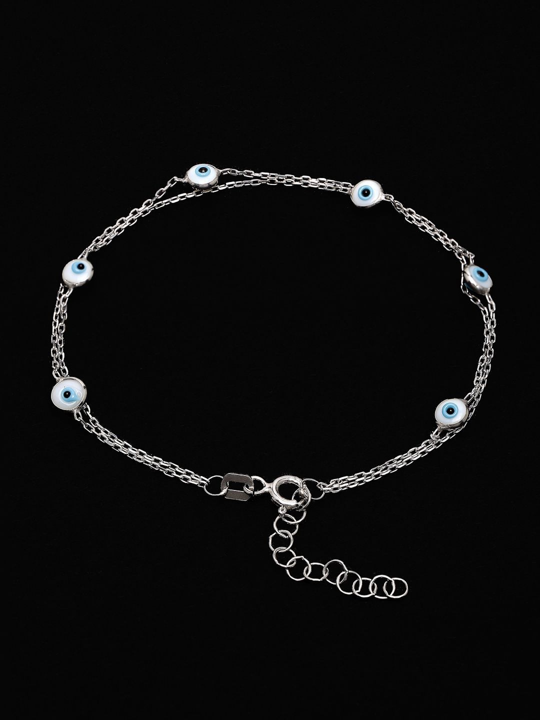 PANASH 925 Sterling Silver Rhodium-Plated Stone Studded Evil Eyes Multistrand Bracelet