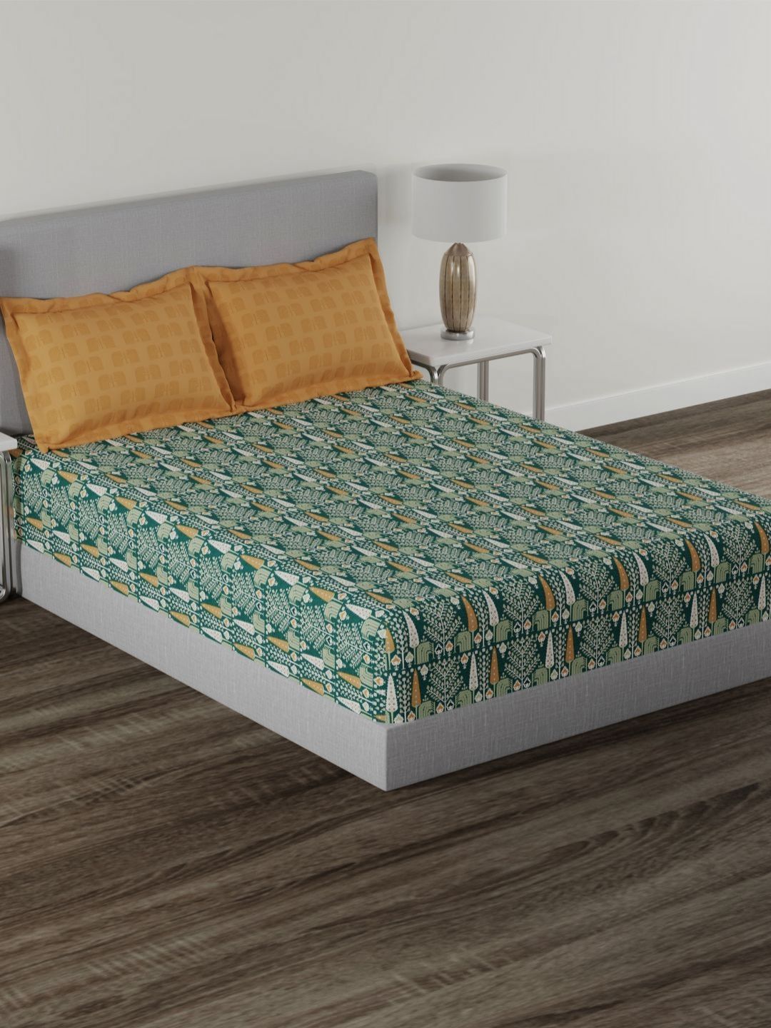 MYTRIDENT Carnival Green & Yellow Floral Cotton 144 TC Queen Bedsheet Set-2.28 m x 2.54 m