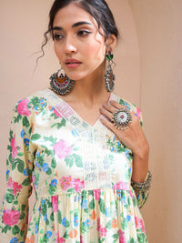 Shae by SASSAFRAS Floral Printed V-Neck Patchwork Pure Cotton Patchwork Kurti