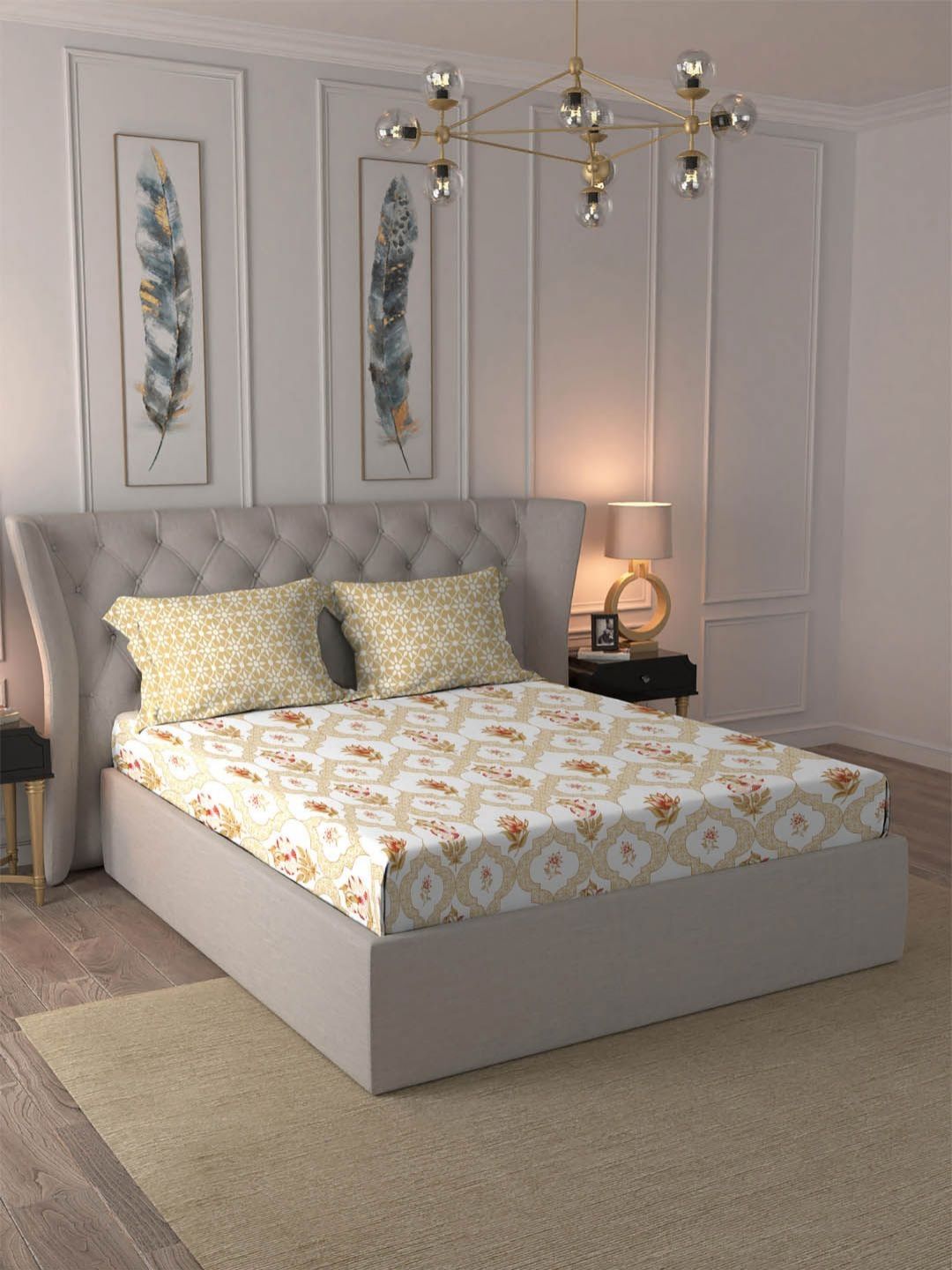 TRIDENT Gulmphar Yellow Dusk & Dawn Flat 144TC Queen Cotton Bedsheet Set