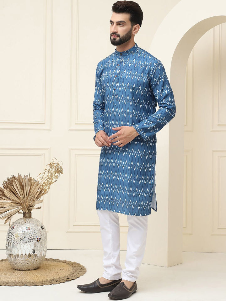 SOJANYA Kolar Mandarin Bercetak Geometrik Kapas Tulen Kurta Lurus dengan Piyama