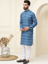 SOJANYA Kolar Mandarin Bercetak Geometrik Kapas Tulen Kurta Lurus dengan Piyama