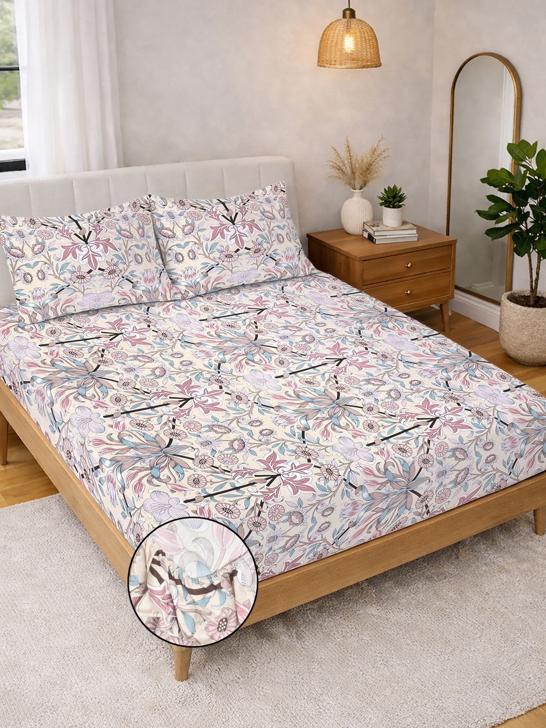 Myntra Elegant Homes Multicoloured Floral 300 TC Bedsheet with 2 Pillow Covers