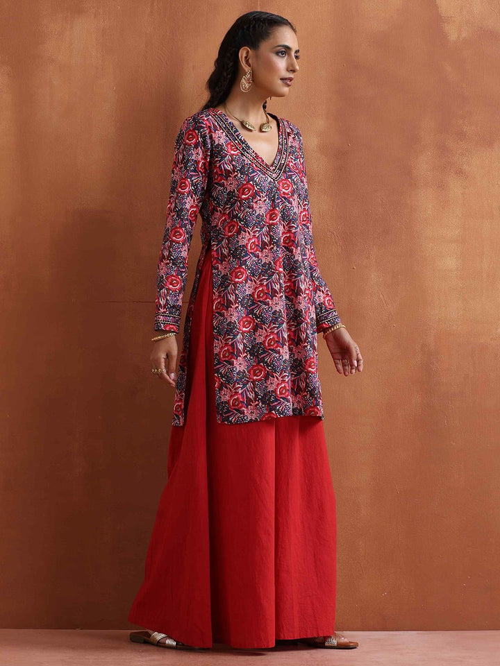 trueBrowns Ethnic Motifs Printed Straight Pure Cotton Kurta with Sharara