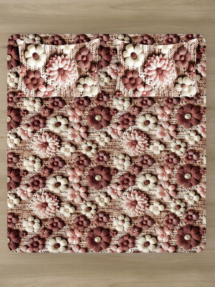 Myntra Elegant Brown Floral Printed Flat 300 TC King 7D Cadar & 2 Sarung Bantal