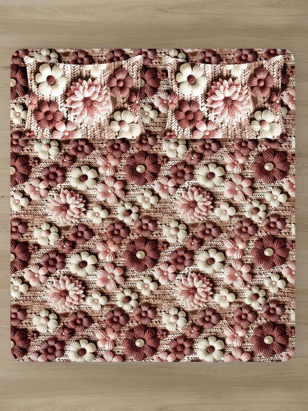 Myntra Elegant Brown Floral Printed Flat 300 TC King 7D Cadar & 2 Sarung Bantal