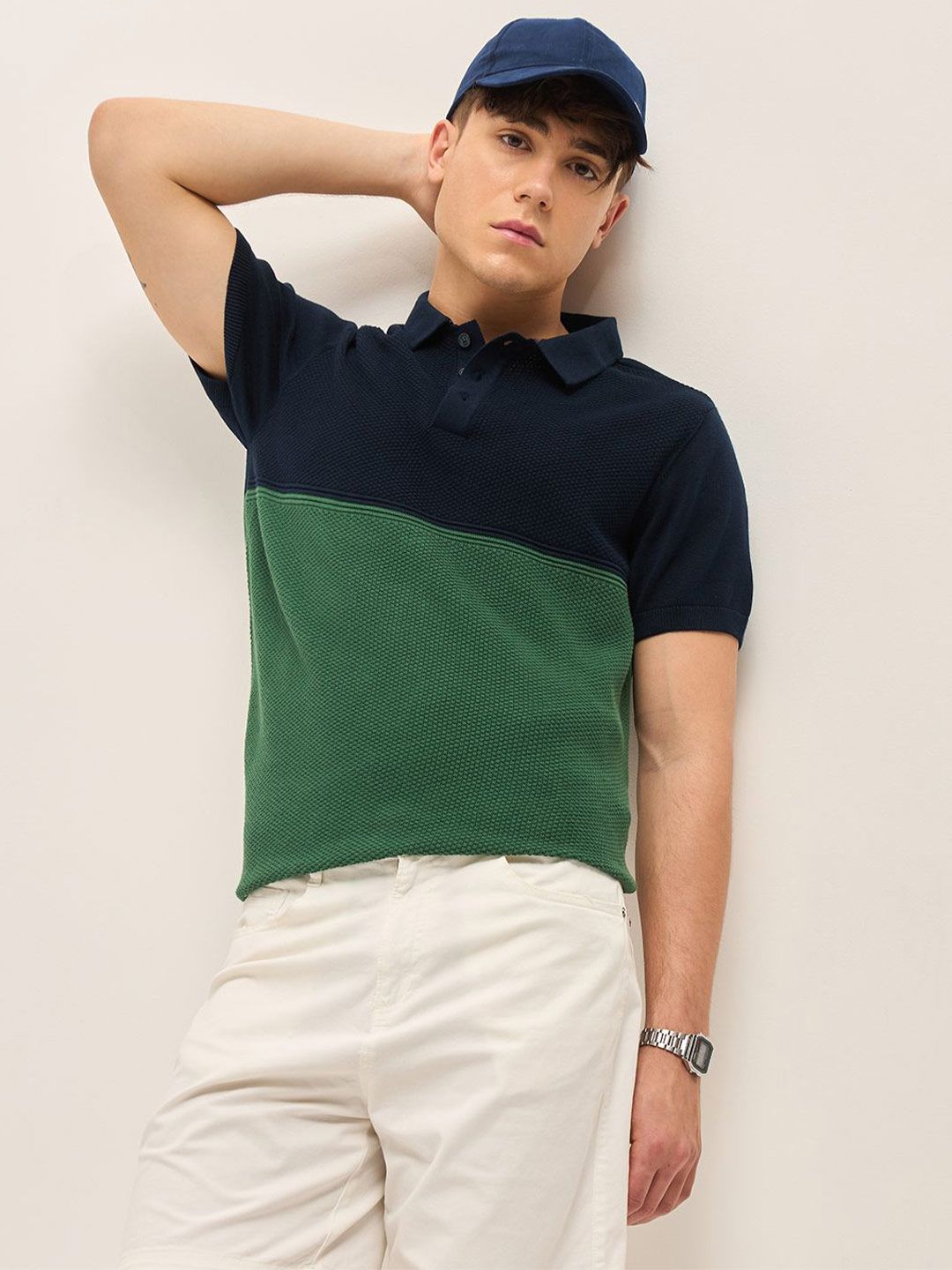 THE BEAR HOUSE Men Colourblocked Polo Collar Cotton T-shirt
