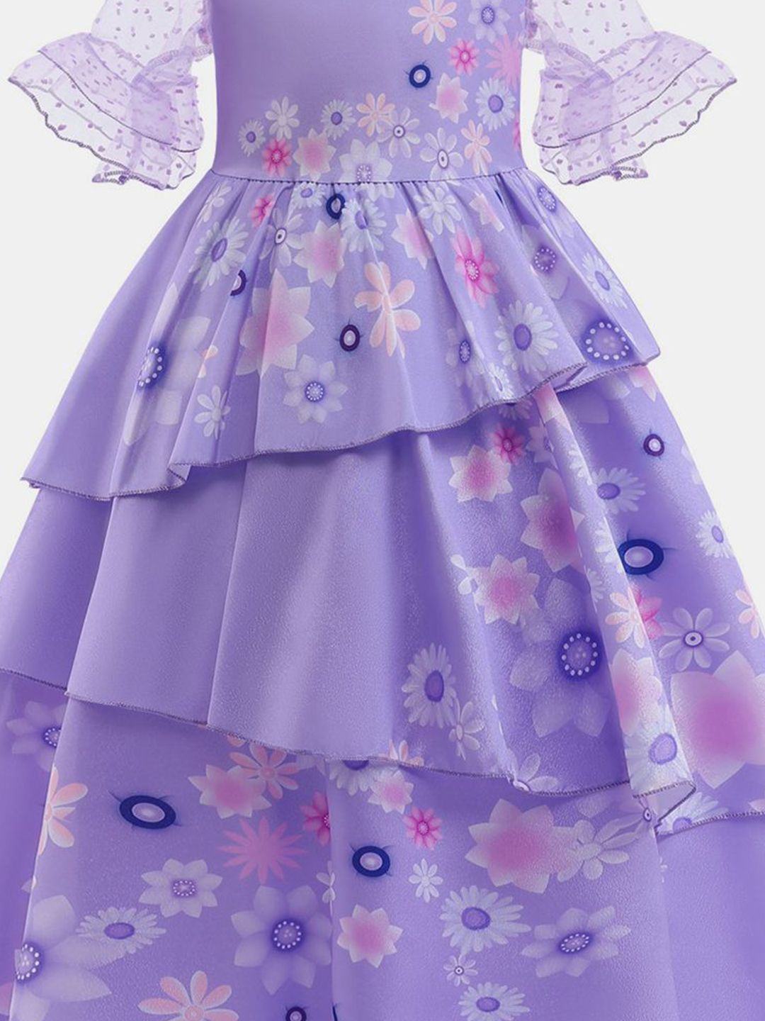 YK Girls Floral Print Bell Sleeves Embellished Layered Fit & Flare Maxi Dress