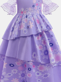 YK Girls Floral Print Bell Sleeves Embellished Layered Fit & Flare Maxi Dress