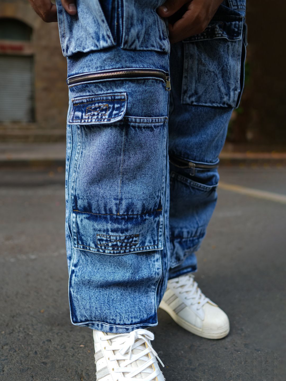 Powerlook Men Loose Baggy Fit Pure Cotton Denim Cargos