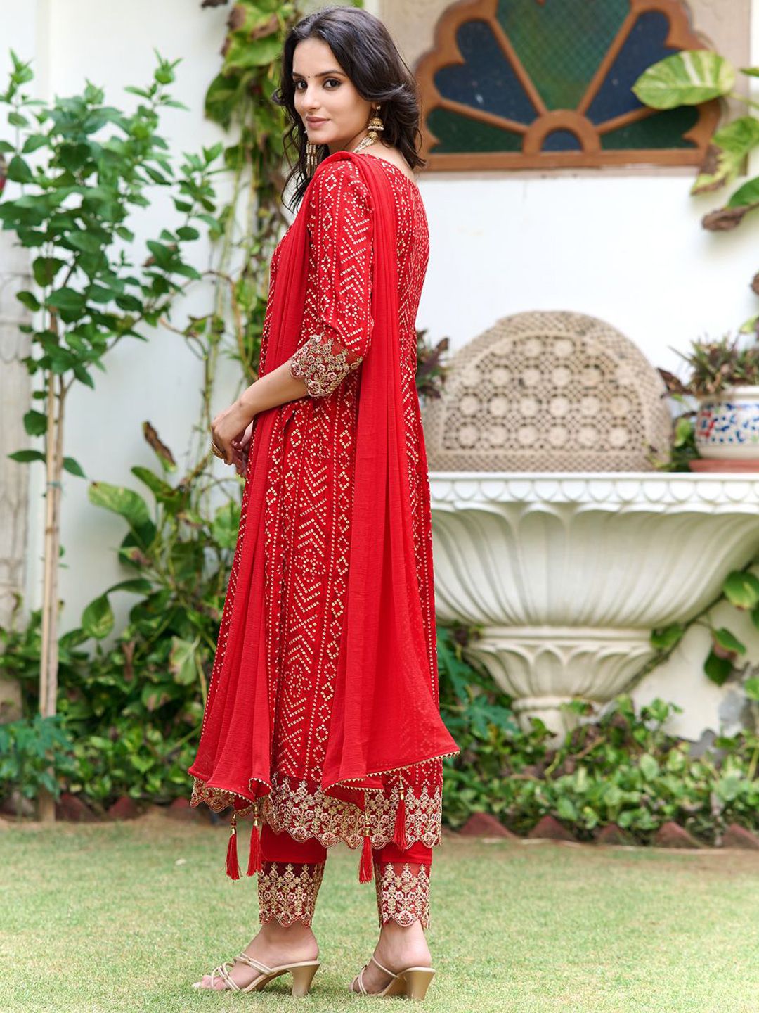 KALINI Women Bandhani Embroidered Panelled Sequinned Kurta with Trousers & With Dupatta