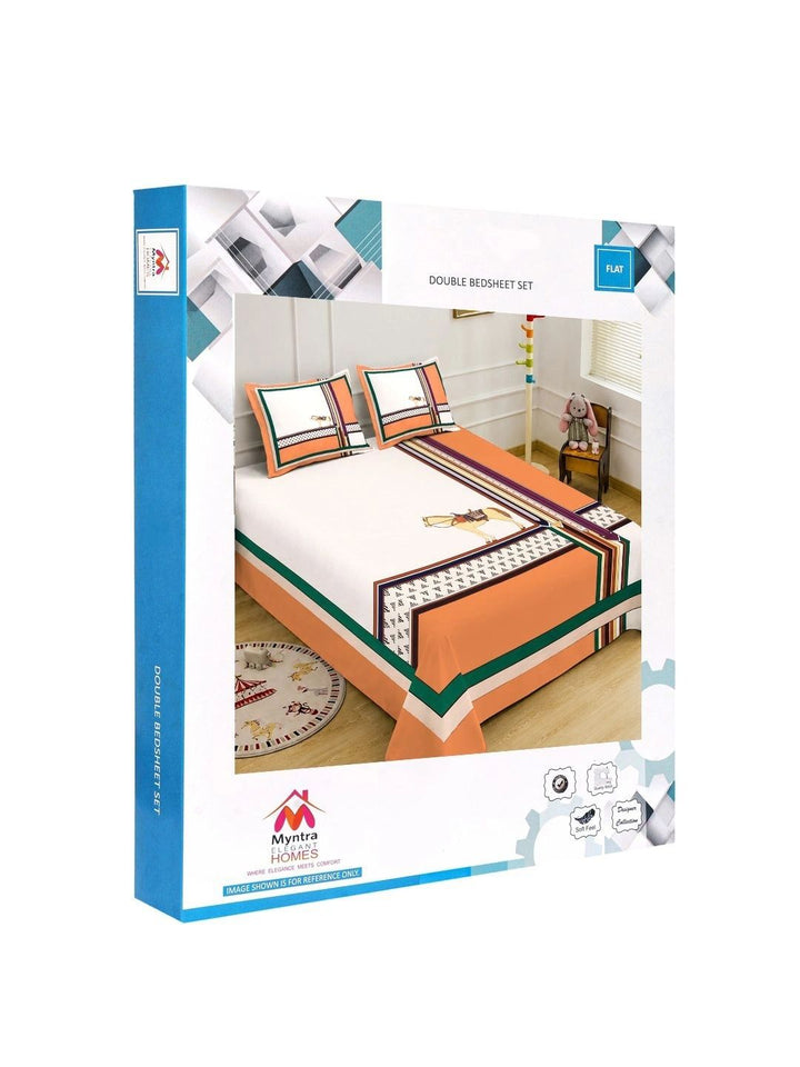 Myntra Elegant Homes Orange & Green Geometric 400 TC King Bedsheet with 2 Pillow Covers