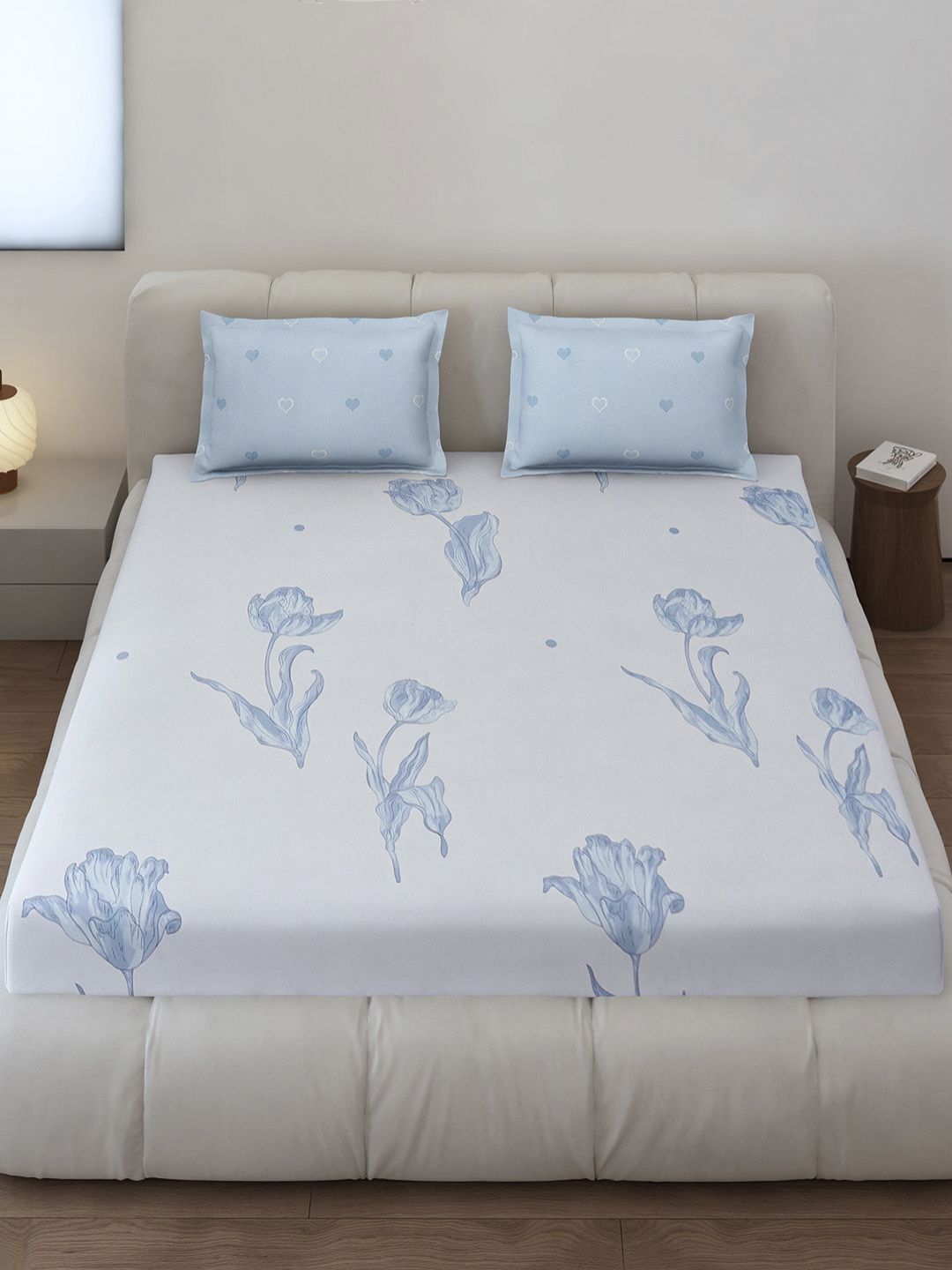 Monte Carlo Stanley Blue & White Floral Printed 144 TC King Bedsheet Set 1.85 m x 1.95 m