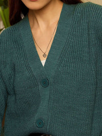 Berrylush Women Ribbed V-Neck Full Sleeve Cardigan
