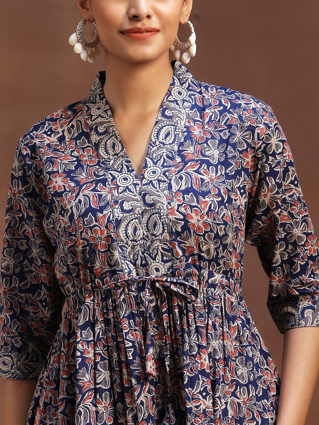 Libas Floral Printed V-Neck Pure Cotton Pleated Kurti
