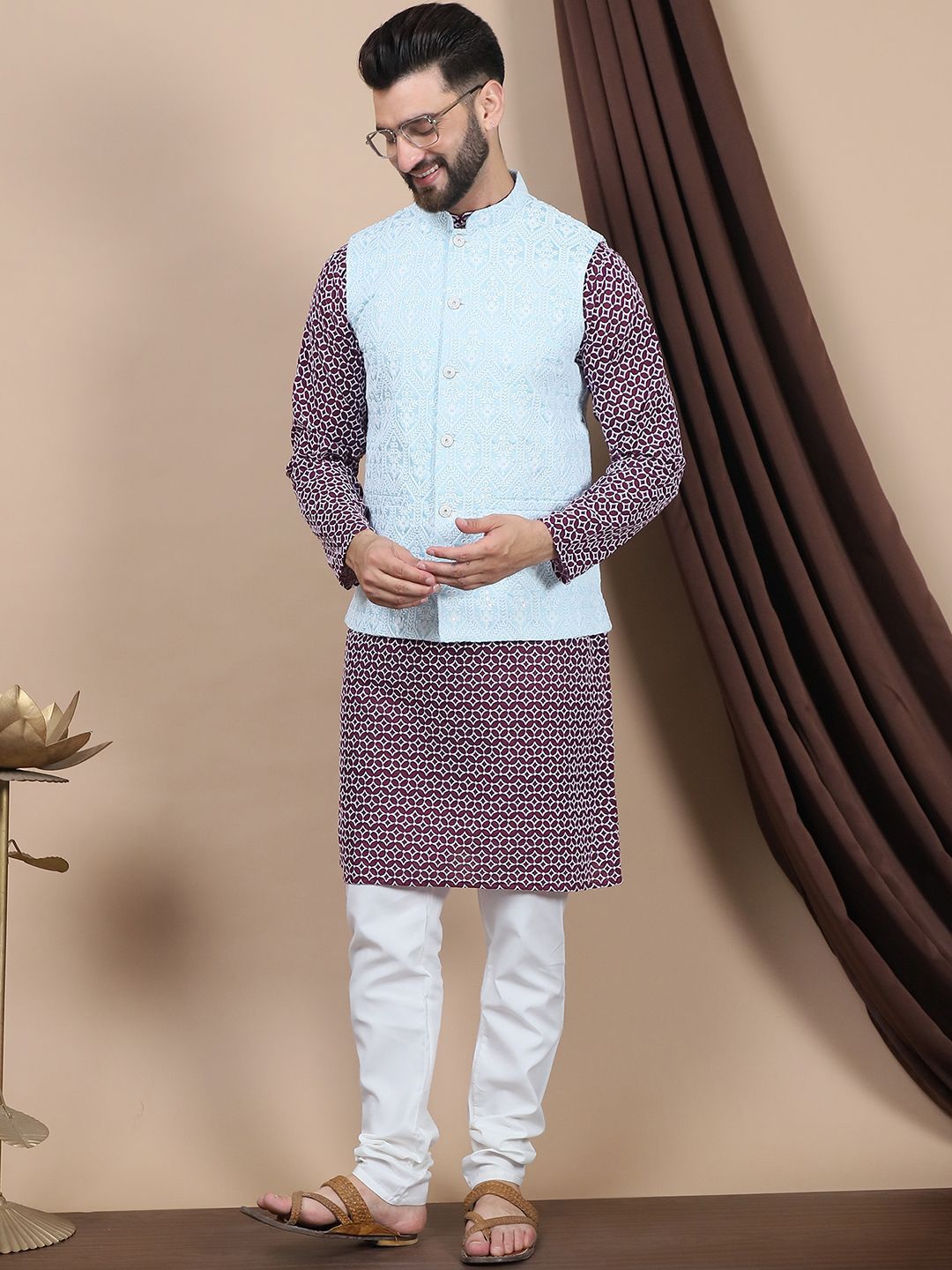 Anouk Purple Ethnic Motifs Printed Straight Pure Cotton Kurta with Churidar