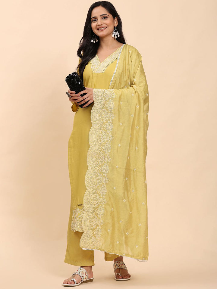 Mamicha Women Ethnic Motifs Embroidered Regular Thread Work Pure Cotton Kurta with Palazzos & With Dupatta