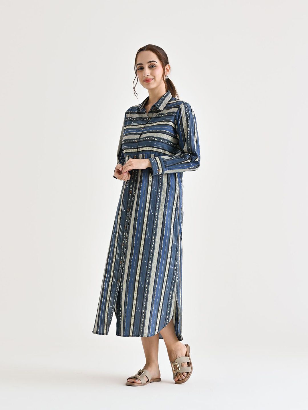 Rustorange Women Striped Cotton Shirt Collar Shirt Midi Dress
