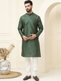 SOJANYA Ethnic Motifs Printed Mandarin Collar Silk Cotton Straight Kurta with Pyjamas