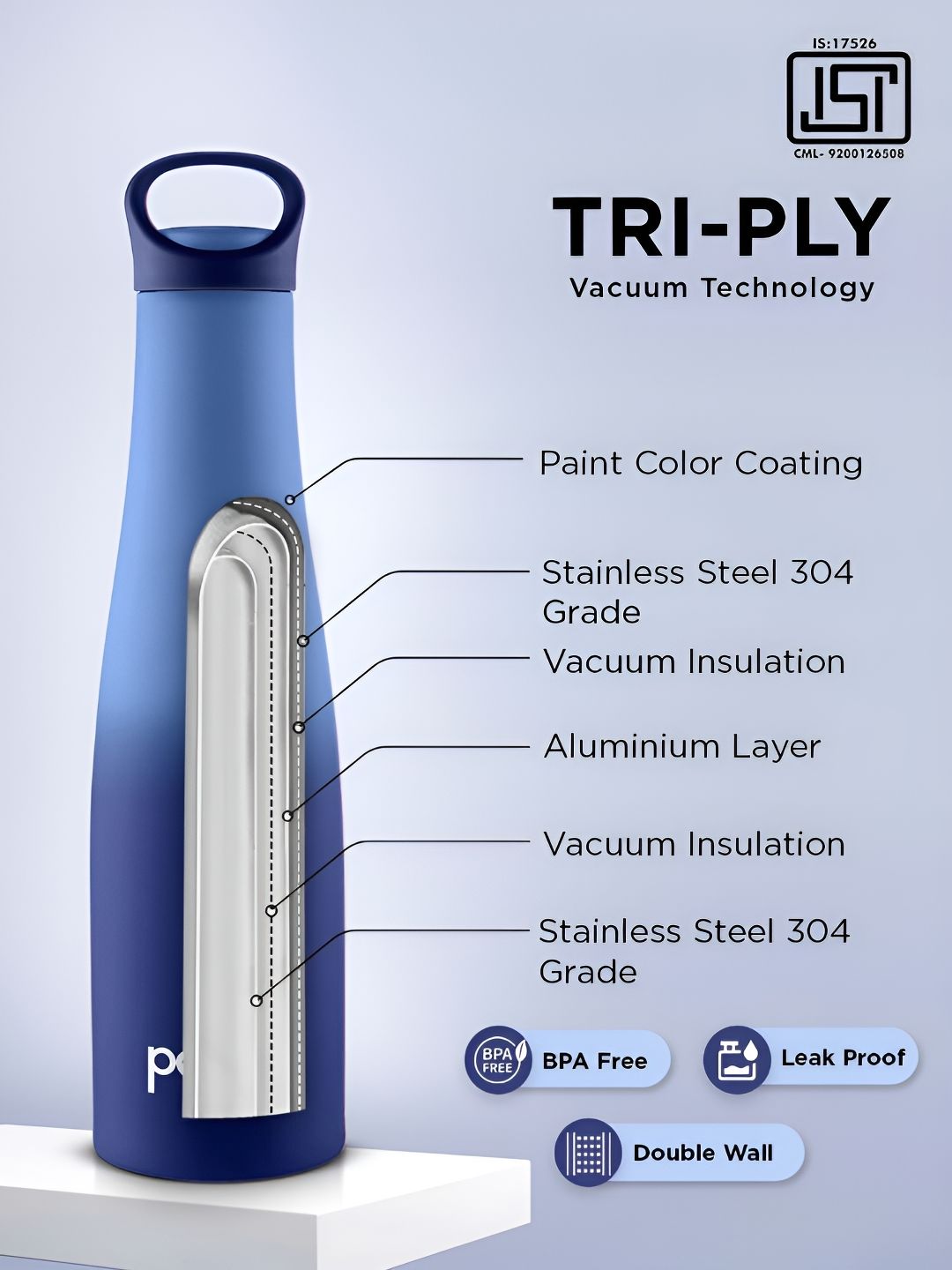 Pexpo Blue Single Stainless Steel Double Wall Vacuum Water Bottle-600 ml