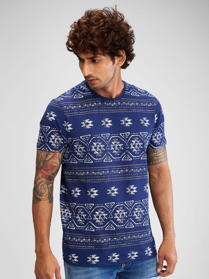 SPYKAR Tribal Printed Raw Edge Slim Fit T-shirt