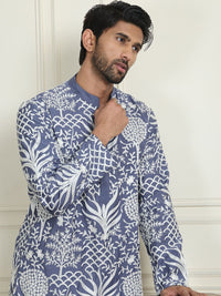 Jompers Floral Embroidered Thread Work Mandarin Collar Straight Kurta With Pyjamas