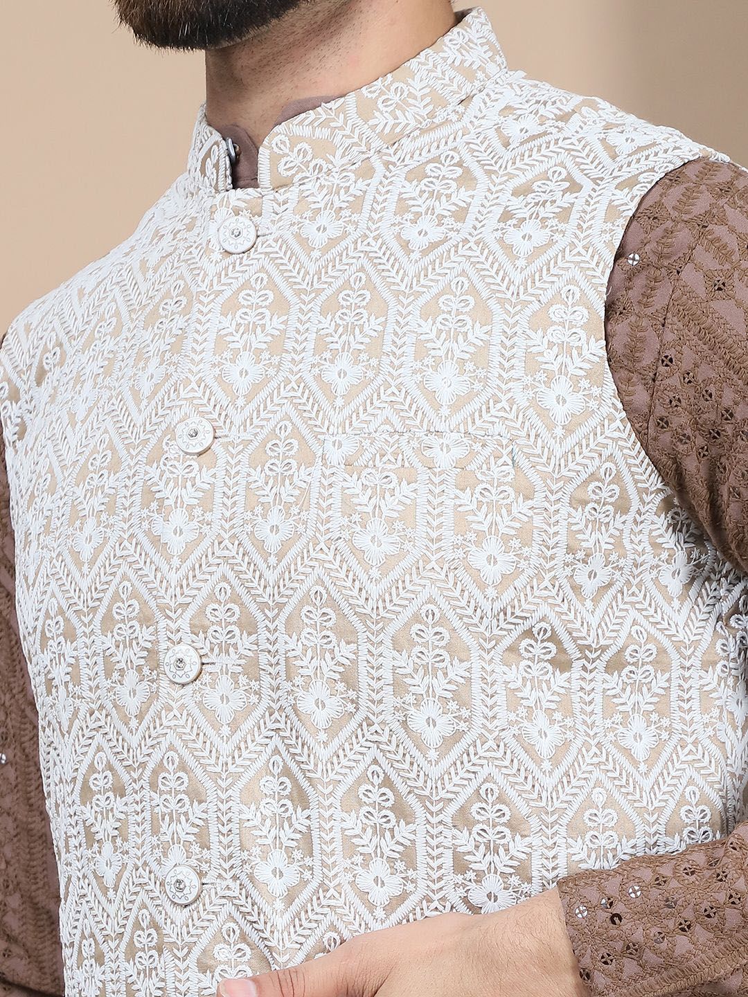 Anouk Brown Floral Embroidered Straight Thread Work Pure Cotton Kurta with Churidar