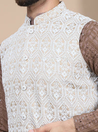 Anouk Brown Floral Embroidered Straight Thread Work Pure Cotton Kurta with Churidar