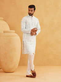 SOJANYA Geometric Embroidered Sequinned Mandarin Collar Pure Cotton Kurta With Churidar