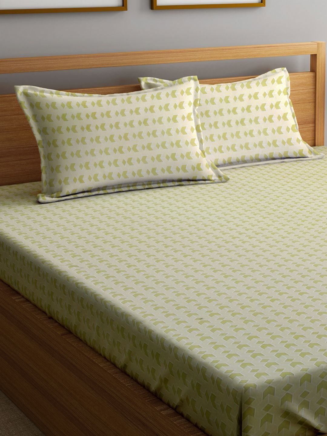 Myntra Elegant Homes Olive Green & White Geometric 300 TC King Bedsheet with 2 Pillow Covers