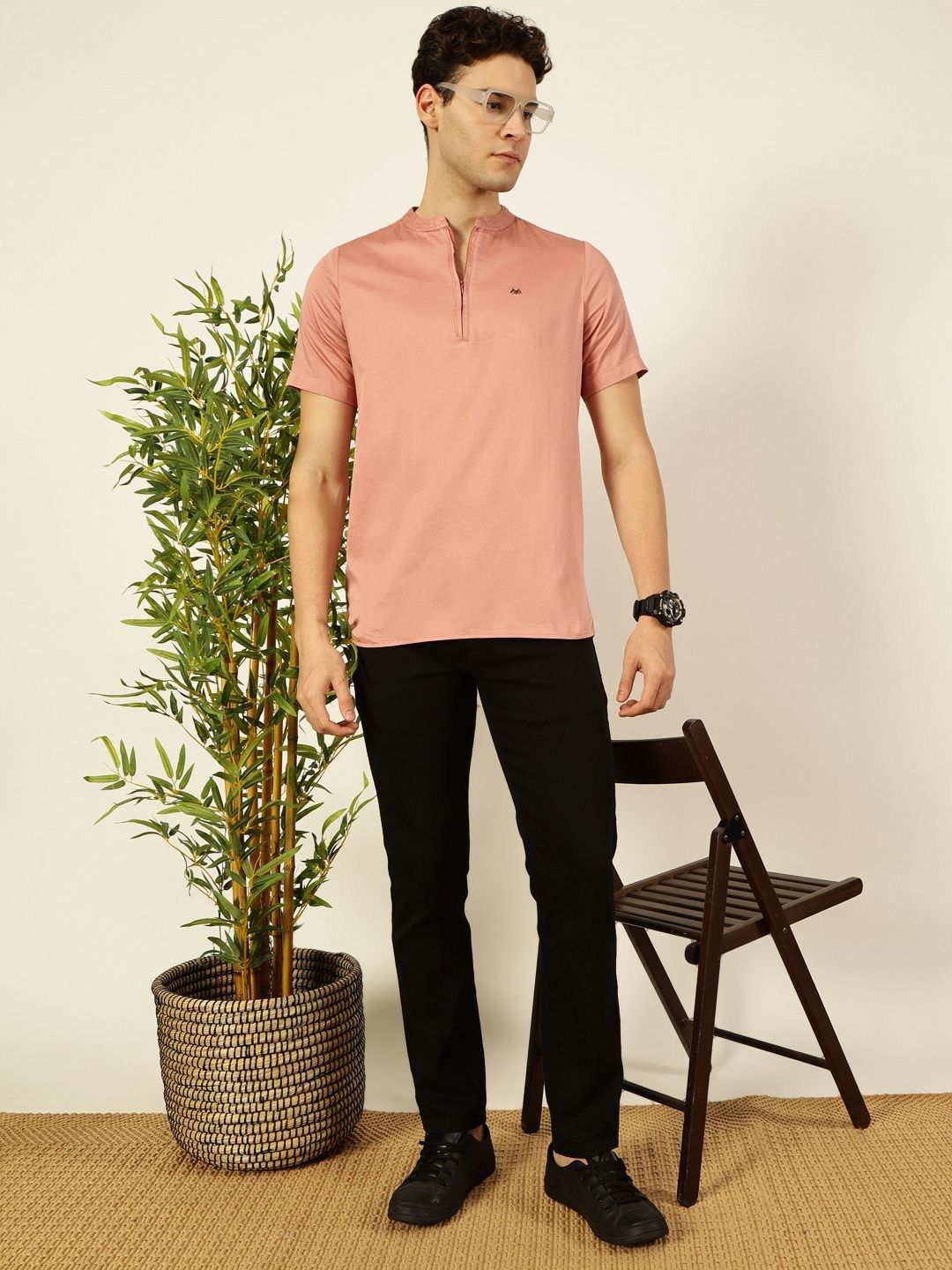 Thomas Scott Men Solid Mandarin Collar Cotton T-Shirt