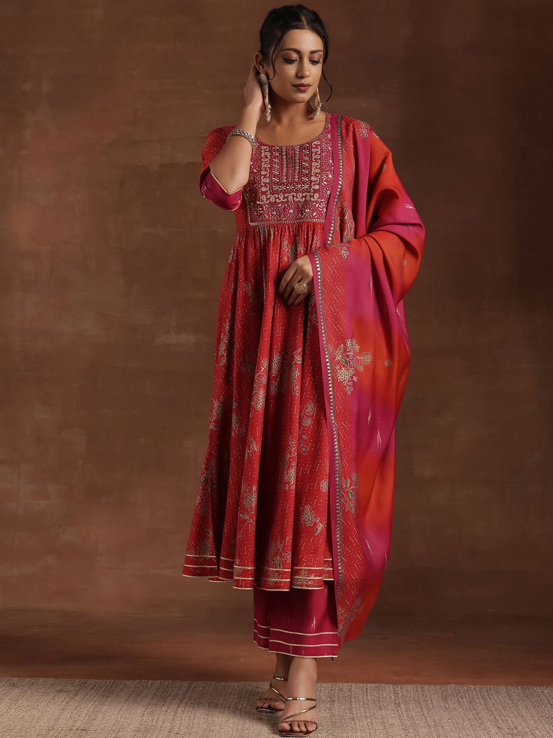 Libas Floral Printed Pleated Mirror Work Anarkali Kurta with Trousers & Dupatta
