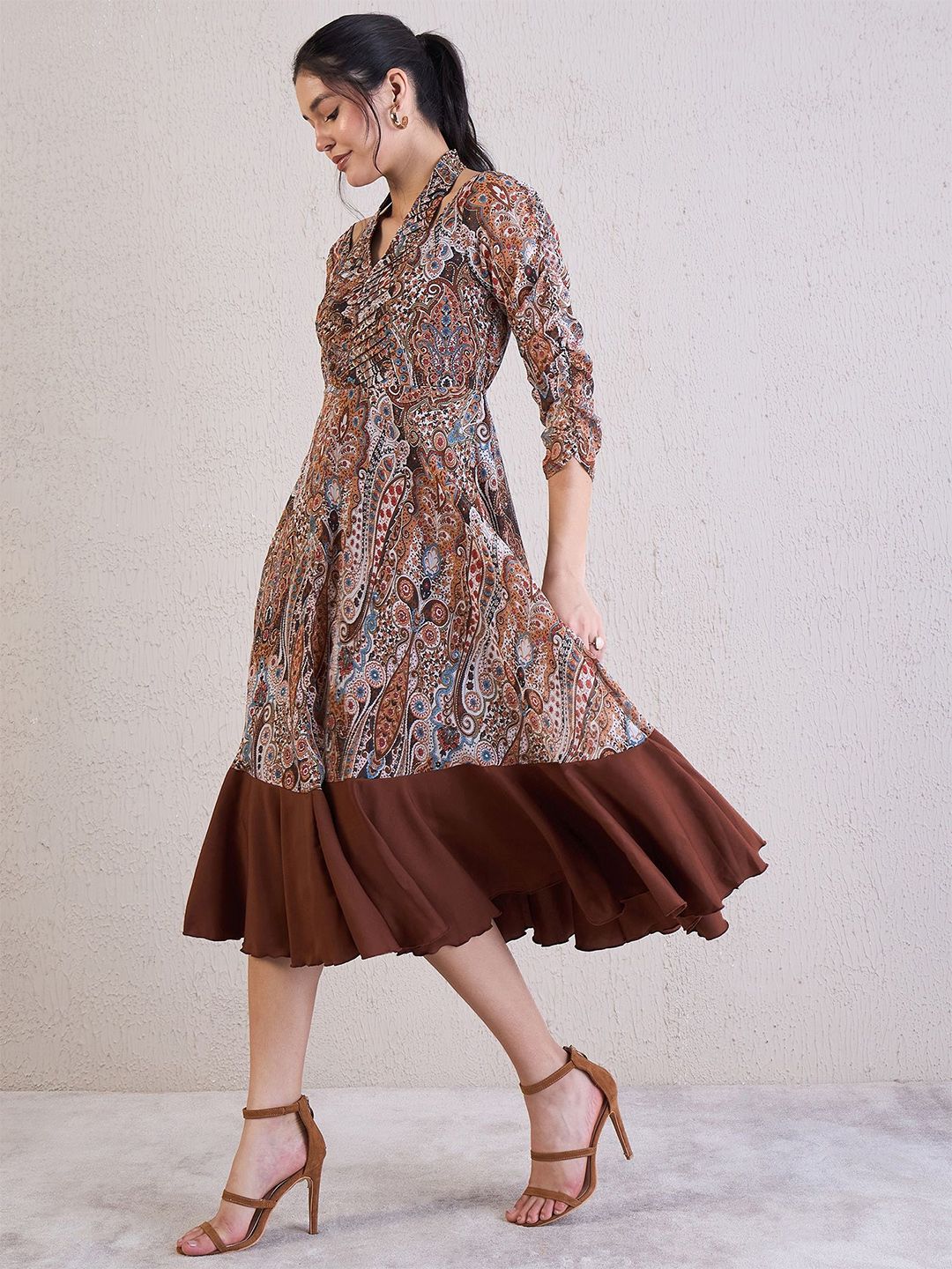 Antheaa Ethnic Motifs Printed Chiffon Fit & Flare Midi Dress