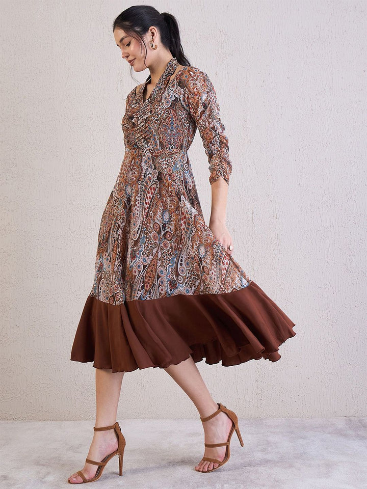 Antheaa Ethnic Motifs Printed Chiffon Fit & Flare Midi Dress