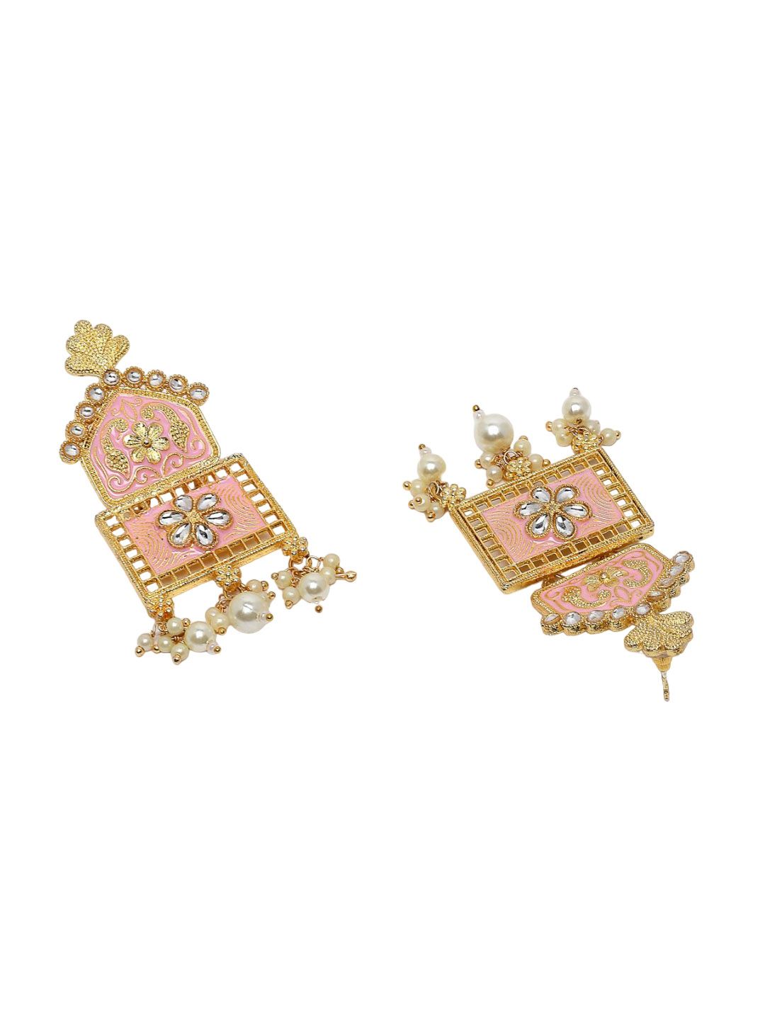 Anouk Pink & White Gold Plated Kundan Stone Studted & Beaded Square Drop Earrings