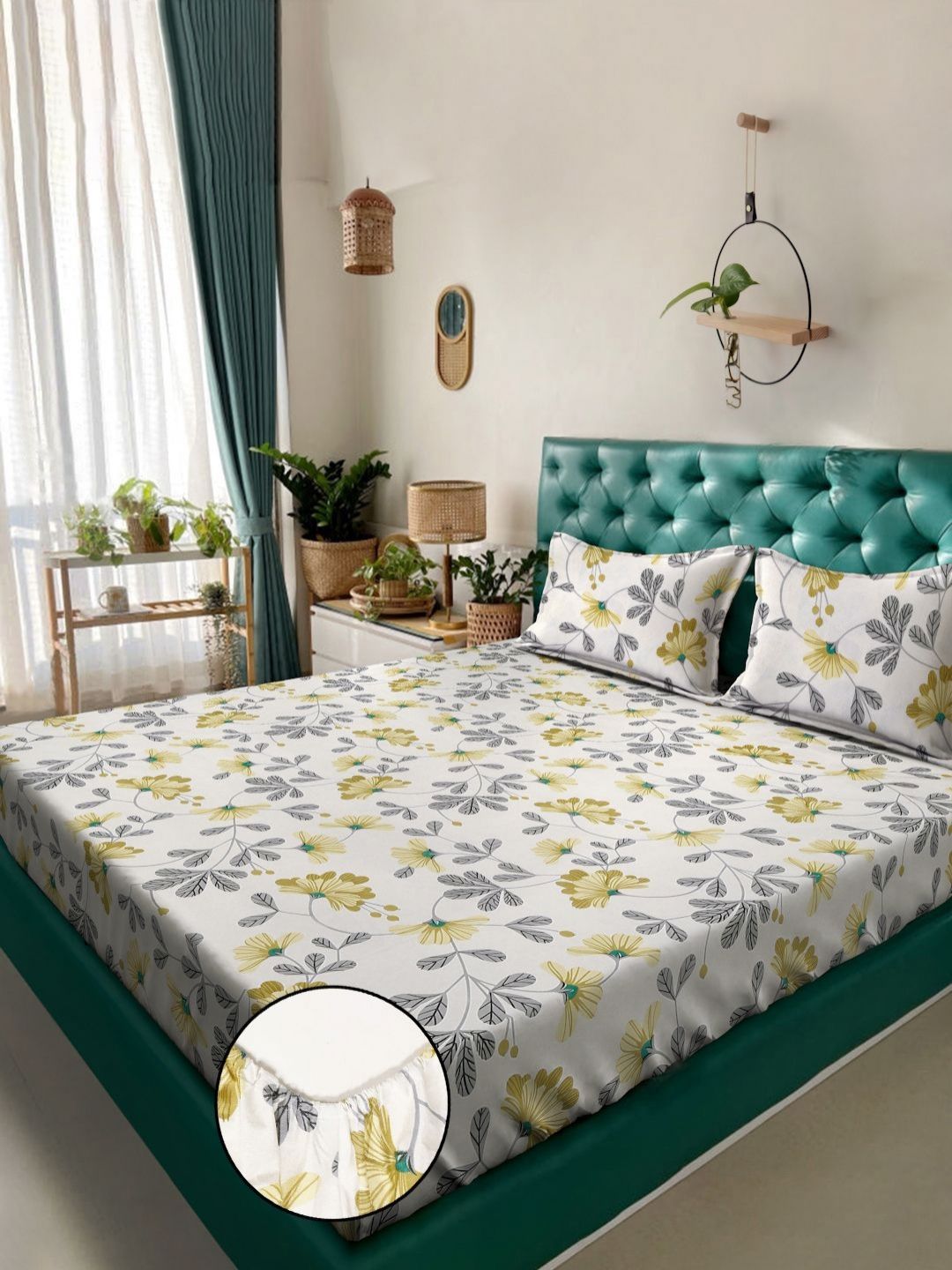 Aura White & Grey Floral 300 TC Set Cadar Double King-2.5 m X 2.25 m