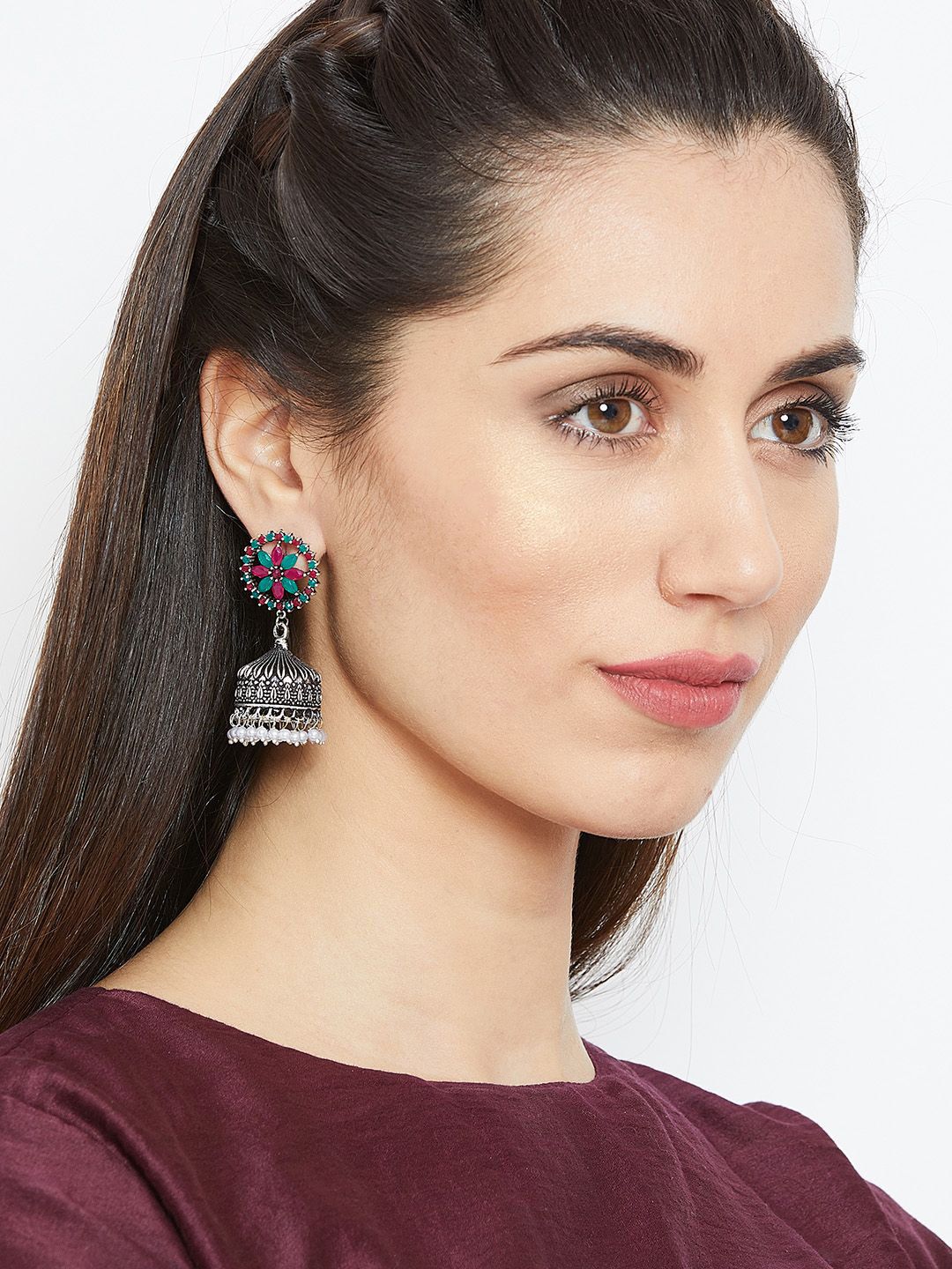 Anouk Red Silver-Plated Stone Studded & Beaded Dome Shaped Jhumkas