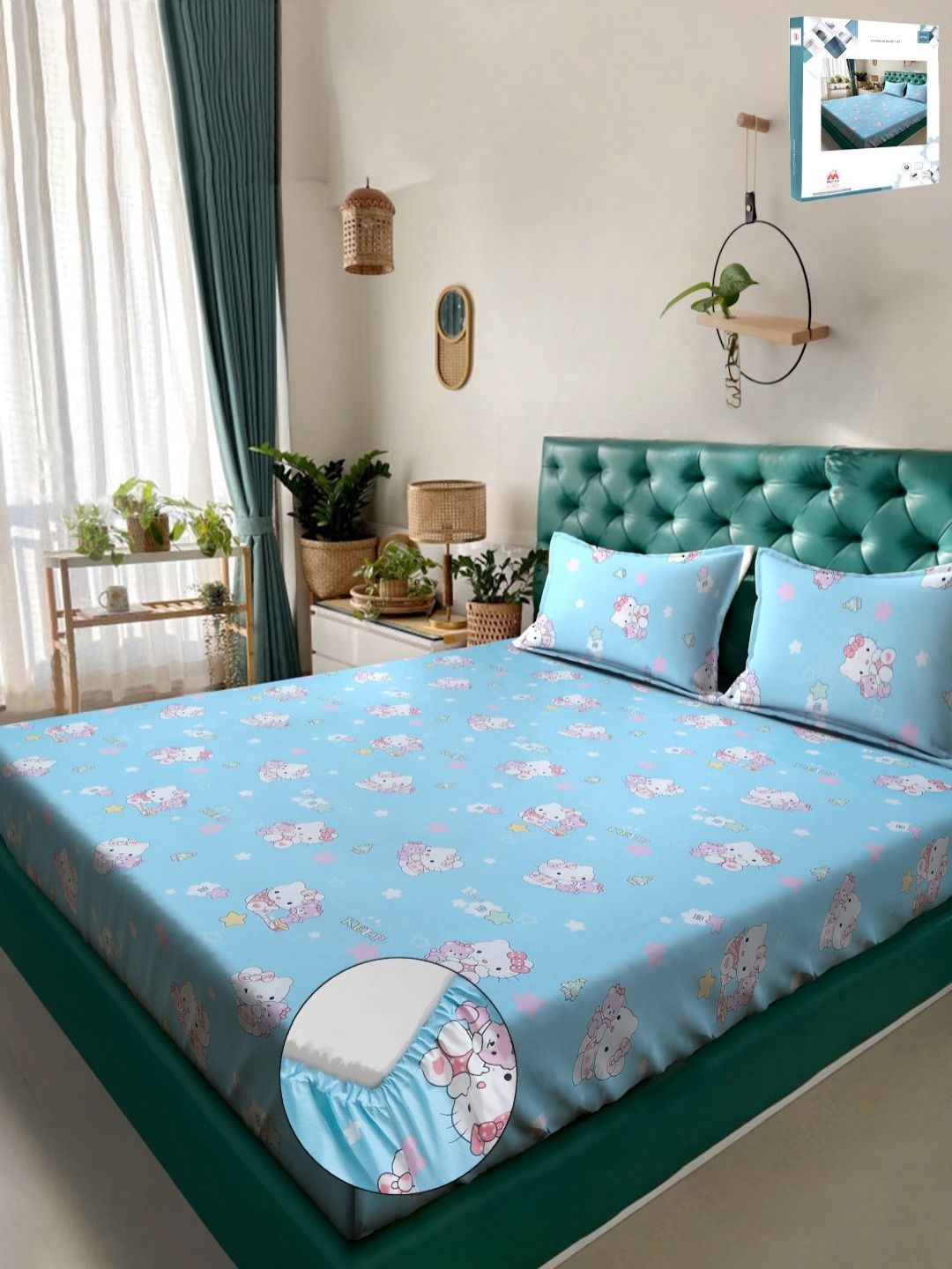 Myntra Elegant Homes Biru Watak Kartun Kapas Tulen 400 TC Dilengkapi Cadar King Superfine dengan 2 Sarung Bantal-98 x 89 inci