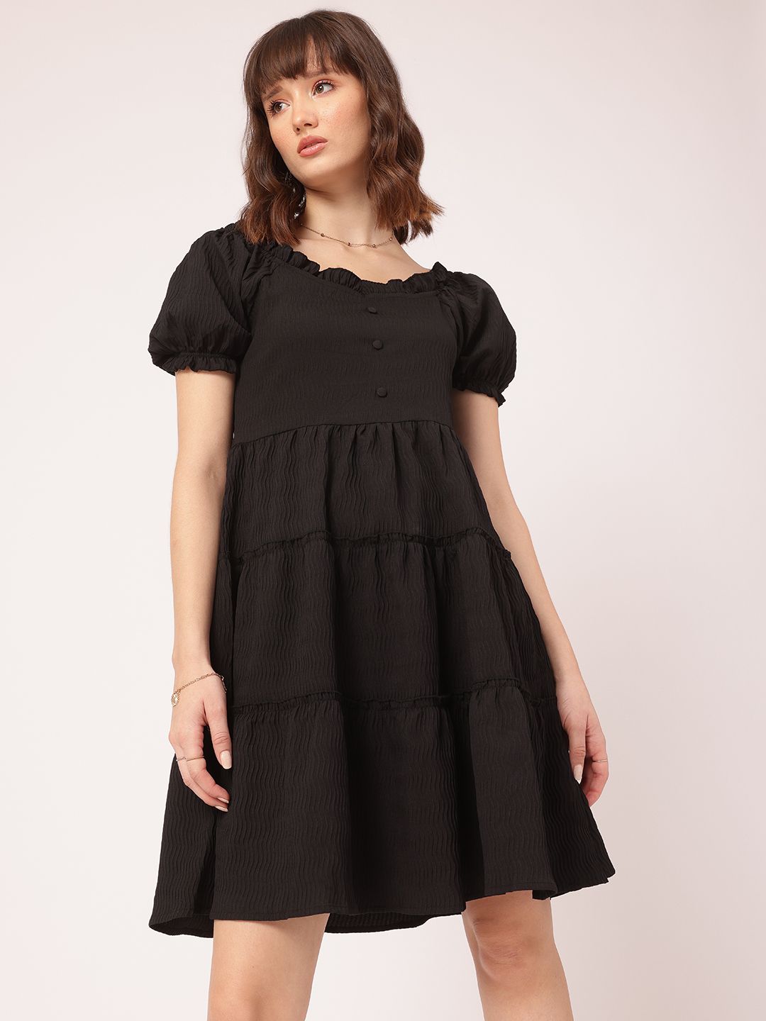DressBerry Textured Play Tiered Fit & Flare Dress