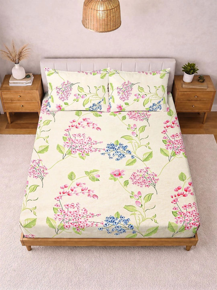 Myntra Elegant Homes Cream-Coloured & Pink Floral 300 TC King Bedsheet with 2 Pillow Covers