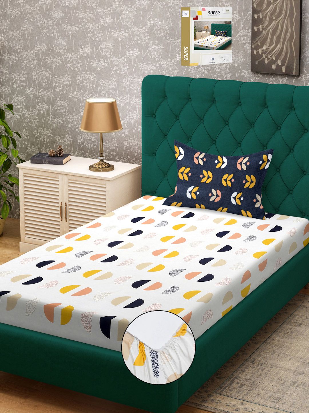 KLOTTHE White Geometric Cotton 300 TC Dilengkapi Cadar Bujang dengan Sarung Bantal-89 x 59 inci