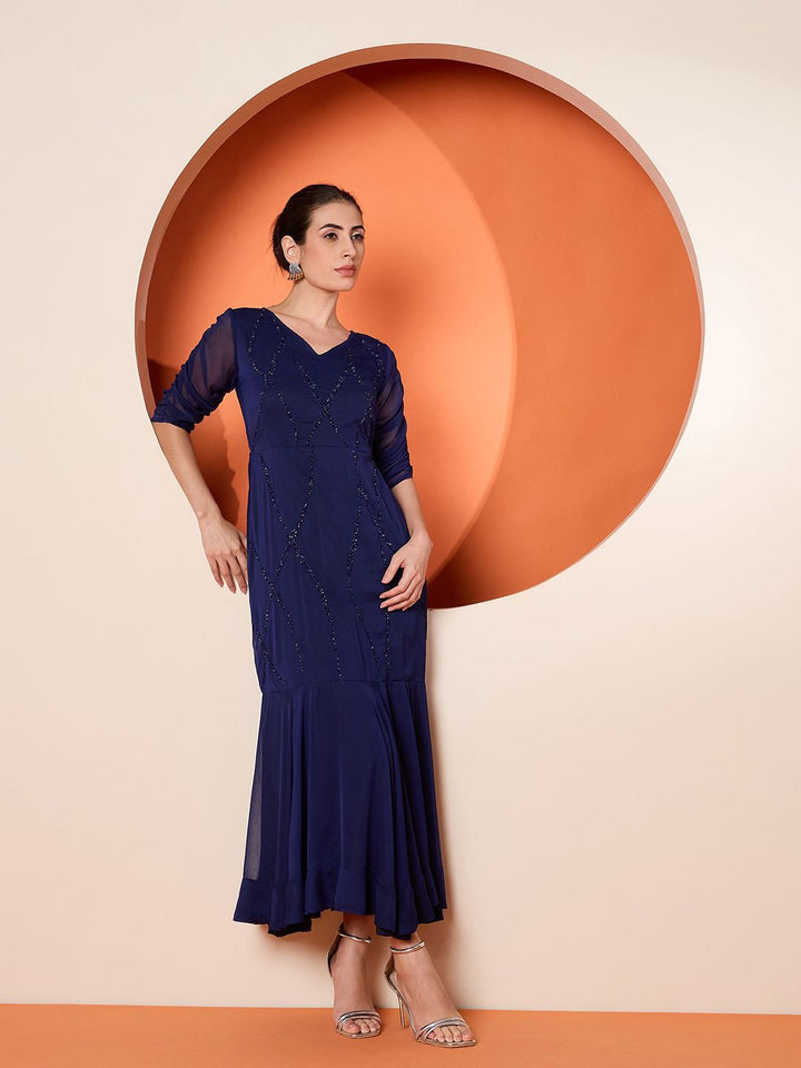 Antheaa Women Embellished Chiffon Three-Quarter Sleeves Maxi Dress