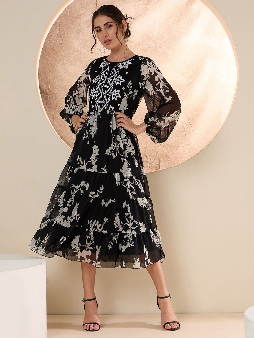 Antheaa Women Floral Embroidered Fit & Flare Midi Dress