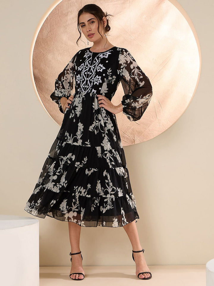 Antheaa Women Floral Embroidered Fit & Flare Midi Dress