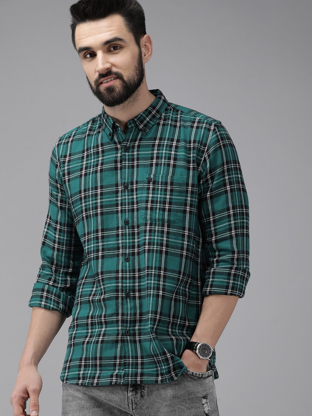 THE BEAR HOUSE Men Green & Black Slim Fit Checked Flannel Cotton Casual Shirt